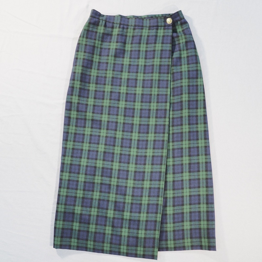 Vintage Casual Corner Annex Skirt Womens 8 Petite Green Plaid Maxi Wrap Lined